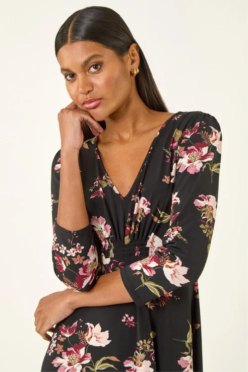 Roman Black Floral Gathered Stretch Dress - Size 14 Image 4