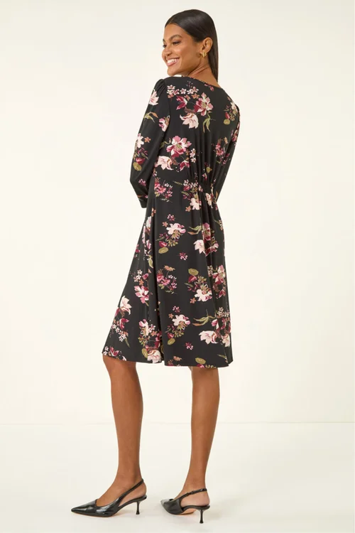 Roman Black Floral Gathered Stretch Dress - Size 14 Image 3
