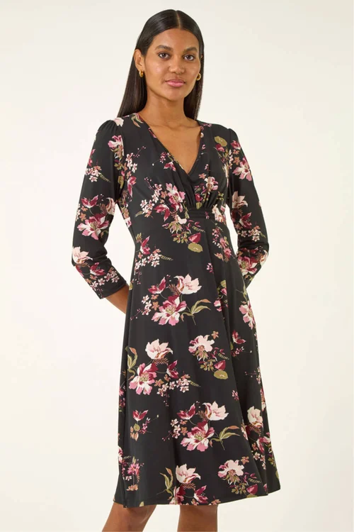 Roman Black Floral Gathered Stretch Dress - Size 14 Image 2