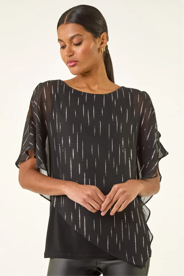 Roman Black Foil Dot Overlay Asymmetric Top