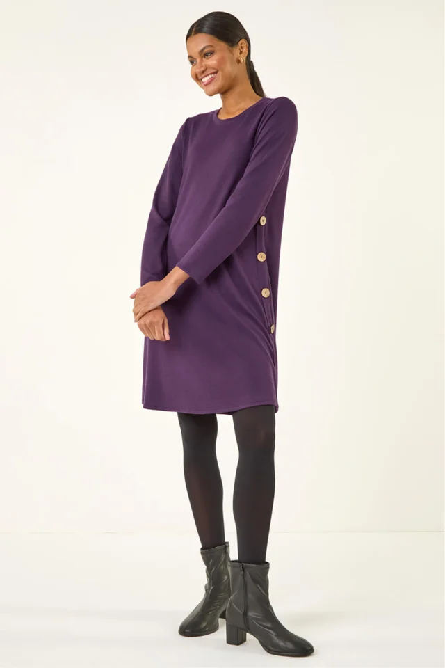 Roman Purple Side Button Detail Stretch Swing Dress