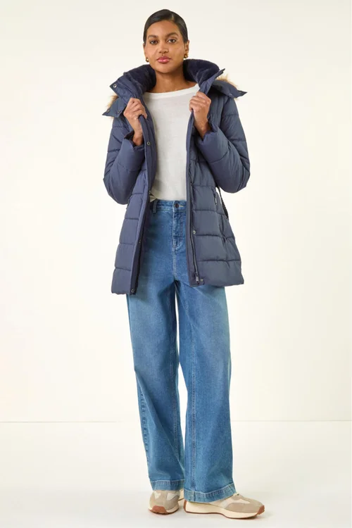 Roman Navy Faux Fur Padded Belt Coat - 14 Image 2