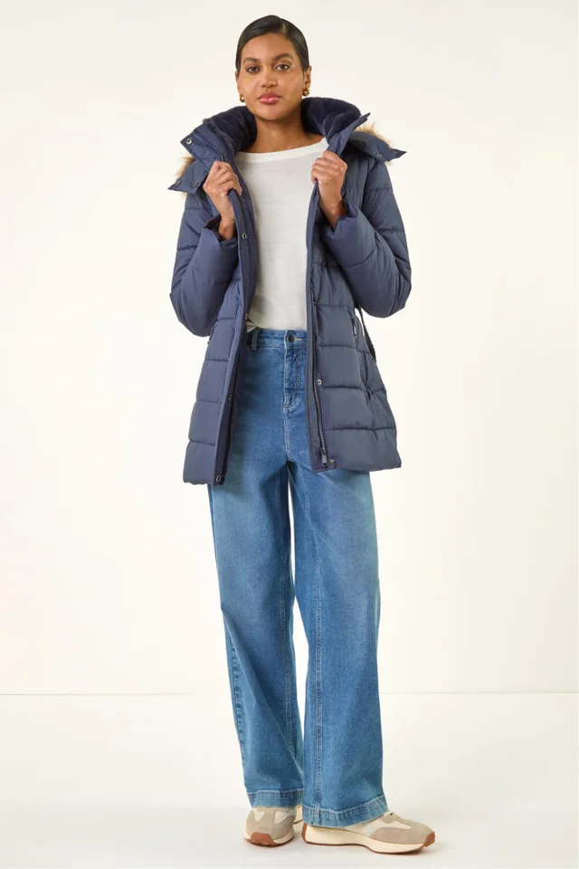 Roman Navy Faux Fur Padded Belt Coat