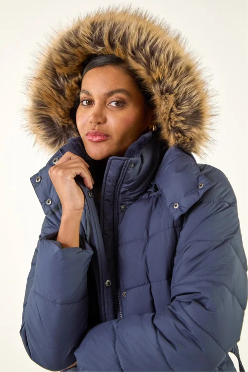Roman Navy Faux Fur Padded Belt Coat - 14 Image 4
