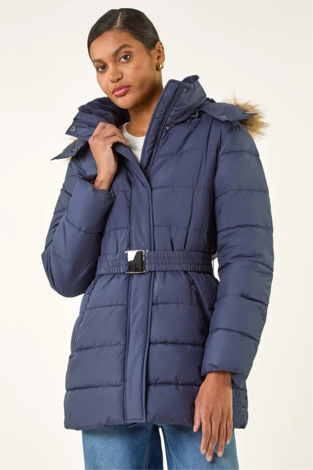 Roman Navy Faux Fur Padded Belt Coat