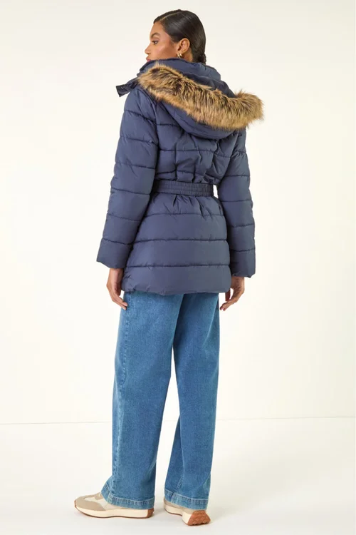 Roman Navy Faux Fur Padded Belt Coat - 14 Image 3