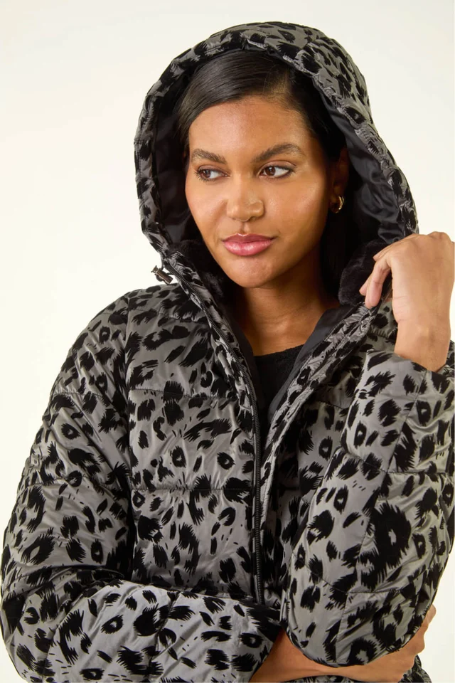 Roman Grey Animal Print Flocked Hooded Coat