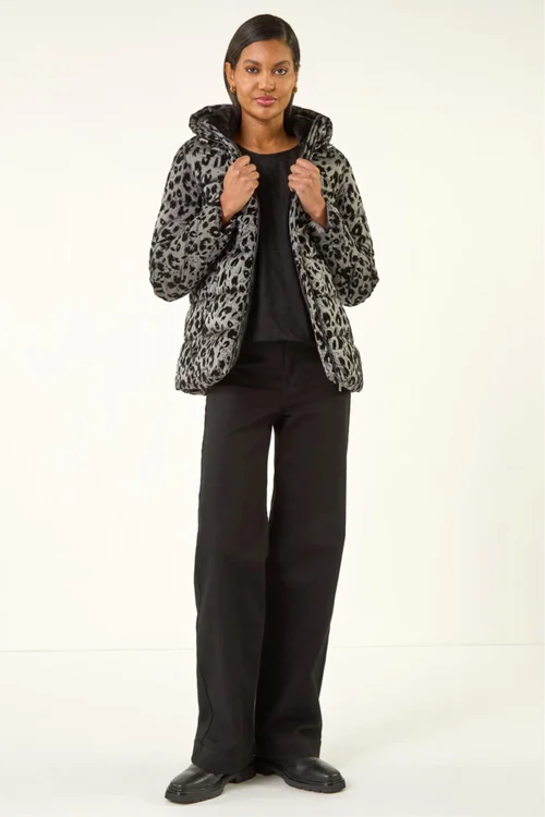 Roman Grey Animal Print Flocked Hooded Coat - 14 Image 3