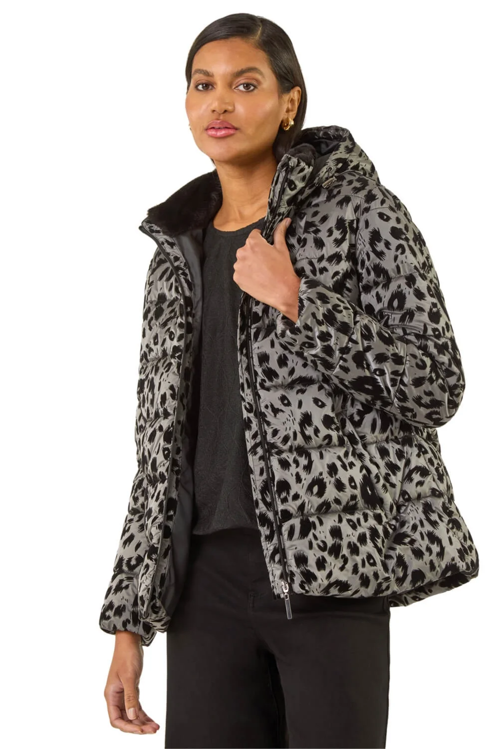 Roman Grey Animal Print Flocked Hooded Coat - 14 Image 1