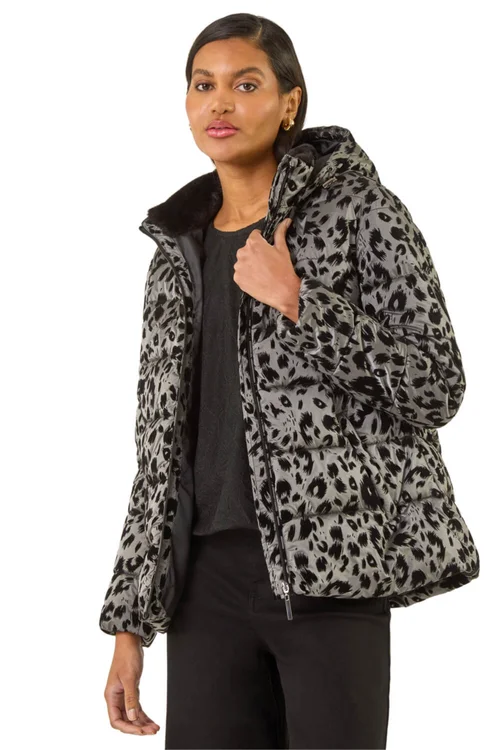 Roman Grey Animal Print Flocked Hooded Coat - 14 Image 1