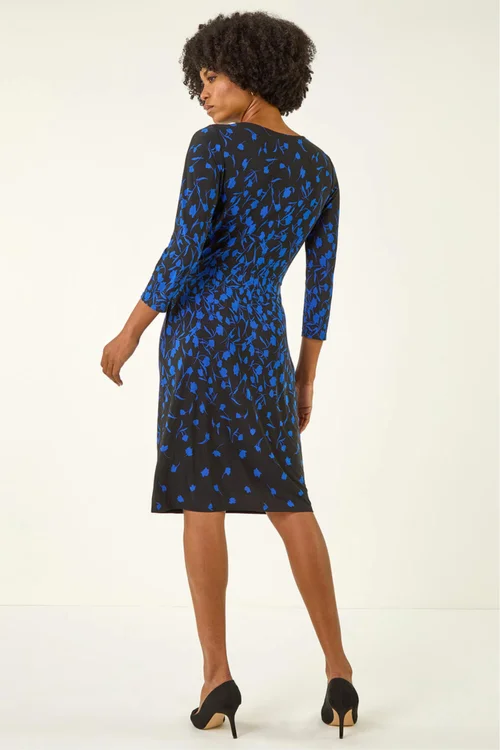 Roman Royal Blue Floral Pleat Pocket Front Stretch Dress - 18 Image 3