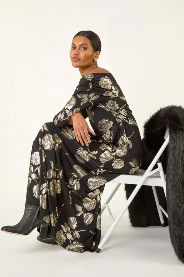 Roman Gold Floral Foil Bardot Midi Dress