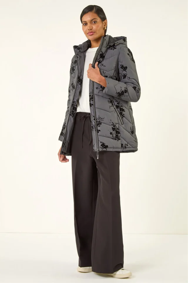 Roman Grey Floral Flock Padded Coat