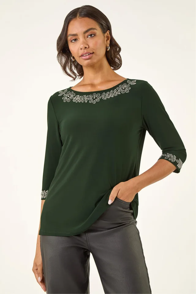 Roman Dark Green Embellished Stretch Tunic Top