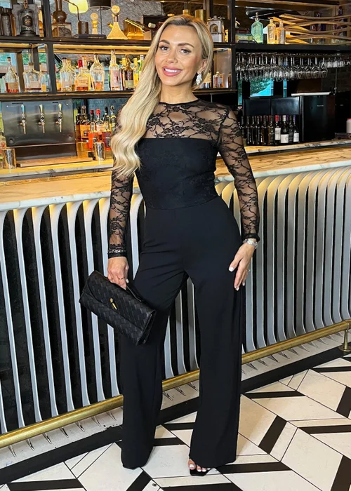 AX Paris Black 2 in 1 Lace Top Long Sleeve Jumpsuit - Size 14 Image 2