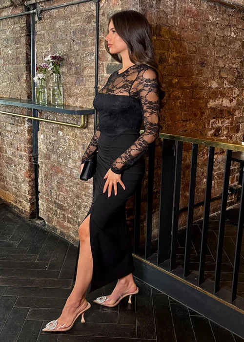 AX Paris Black 2 in 1 Lace Top Split Leg Midi Dress - 12 Image 4