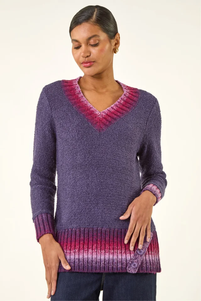 Roman Purple V-Neck Ombre Trim Knit Jumper