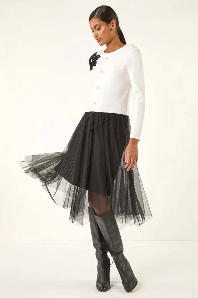 Roman Ivory Buttoned Knit Mesh Midi Dress