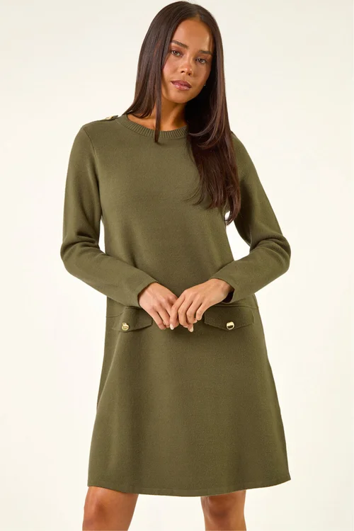 Roman Khaki Petite Buttoned Knit Dress - Size 14 Image 4