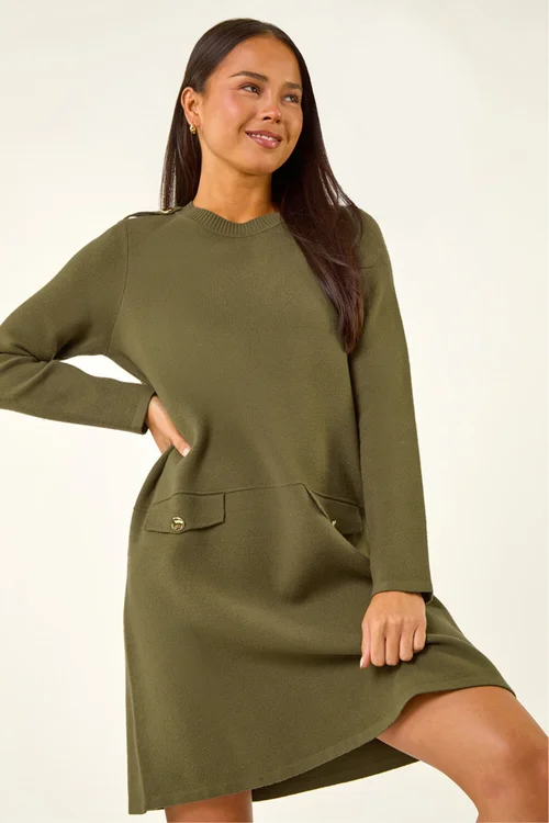 Roman Khaki Petite Buttoned Knit Dress - Size 14 Image 1