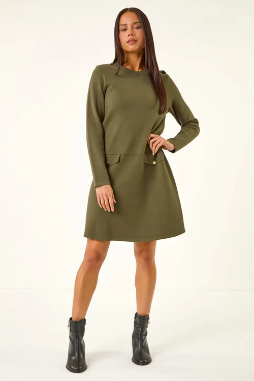Roman Khaki Petite Buttoned Knit Dress - Size 14 Image 2