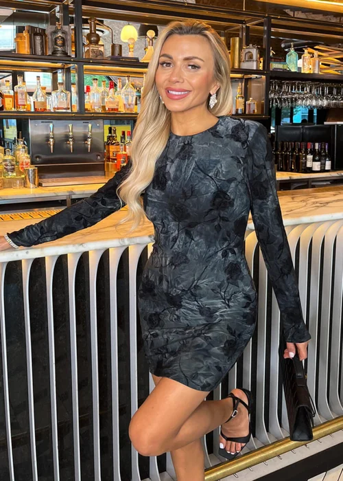 AX Paris Black And Grey Velour Rose Detail Long Sleeve Mini Dress - 14 Image 1