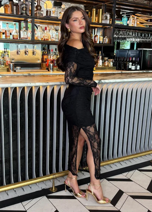 AX Paris Black Lace Overlay Off The Shoulder Long Sleeve Midi Dress - 12 Image 4