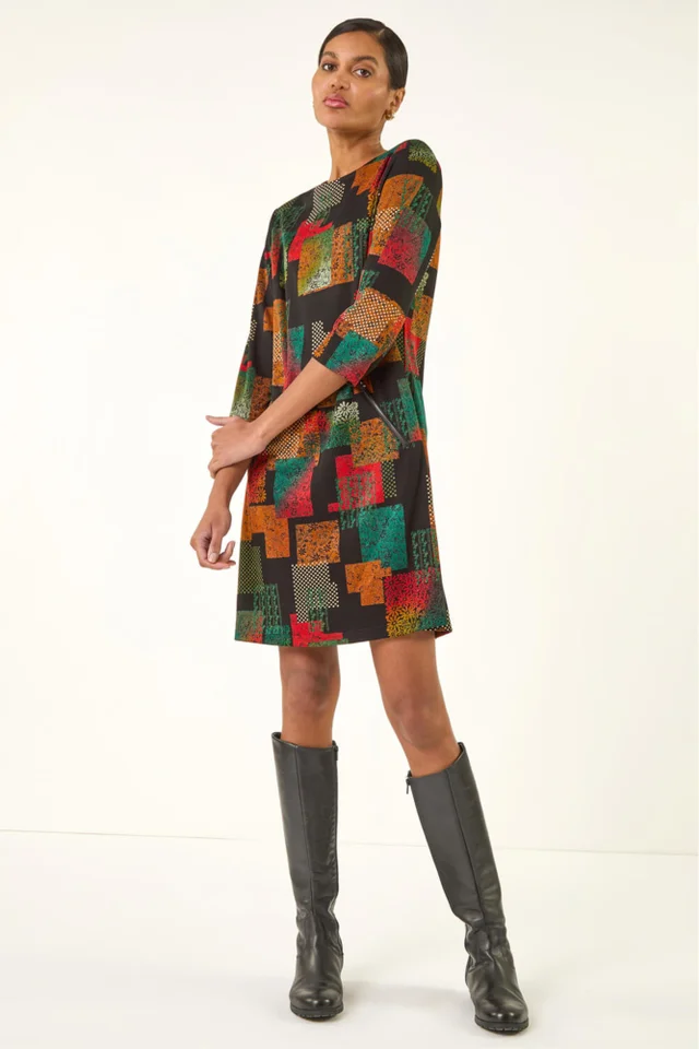 Roman Copper Geo Print Shift Stretch Dress