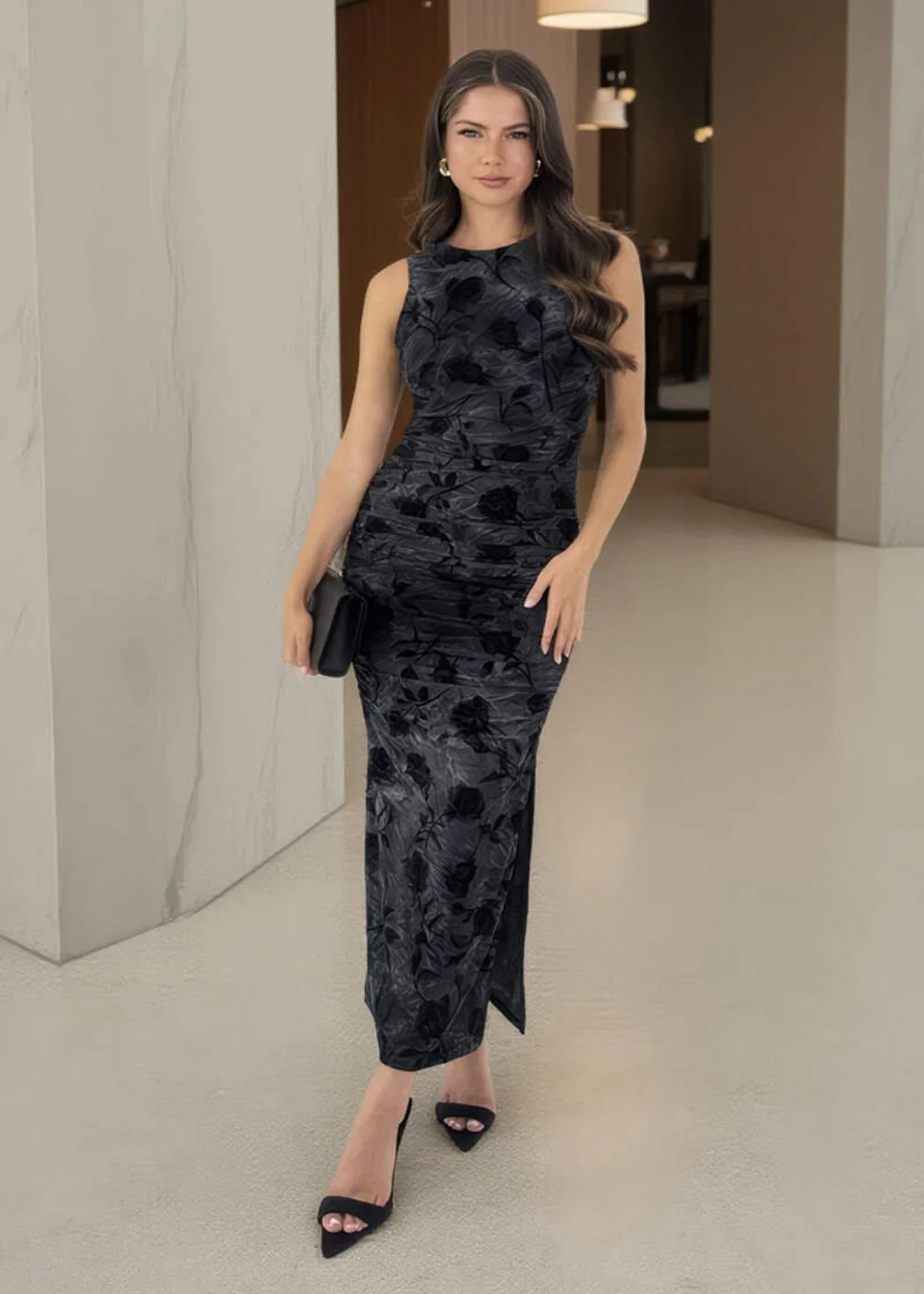 AX Paris Black And Grey Velour Rose Detail Bodycon Midi Dress - 10 Image 2