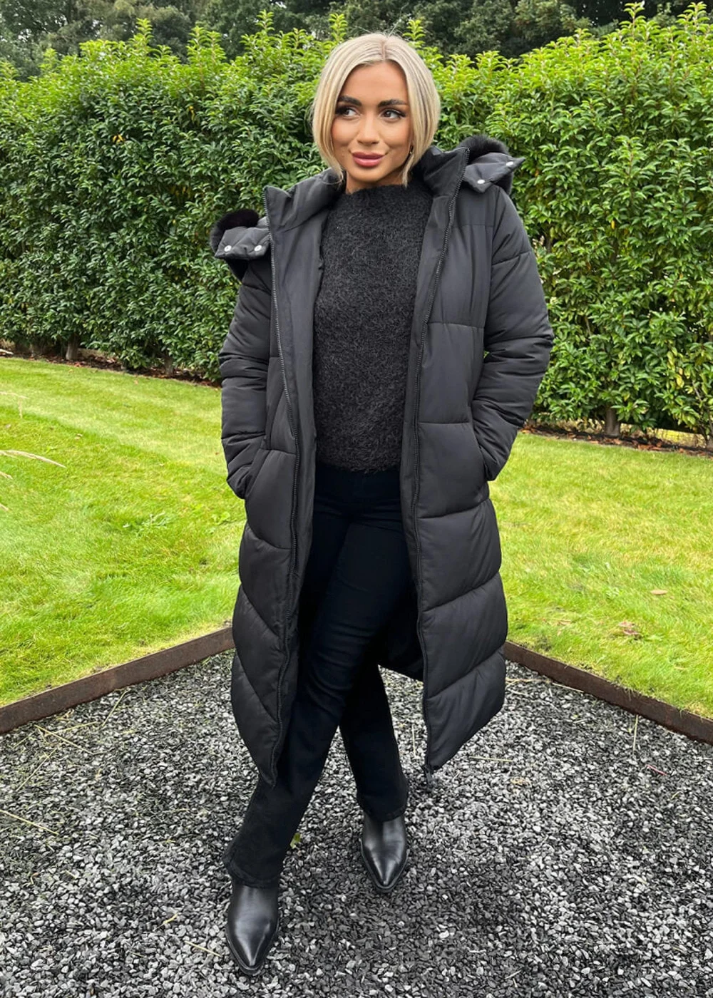 AX Paris Black Faux Fur Hooded Longline Padded Coat - 10 Image 1