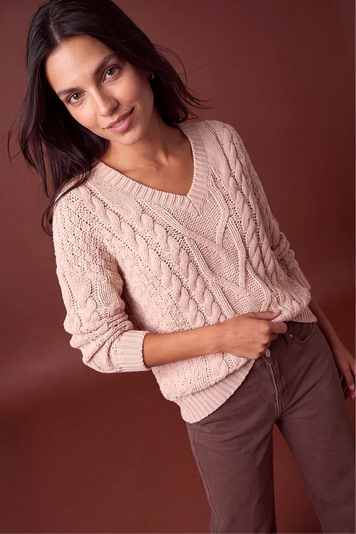 Roman Stone V-Neck Cable Knit Jumper - 14 Image 1