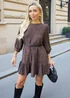 AX Paris Chocolate Faux Suede 3/4 Sleeve Frill Hem Belted Mini Dress - 16 Image 1