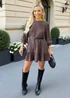 AX Paris Chocolate Faux Suede 3/4 Sleeve Frill Hem Belted Mini Dress - 16 Image 2