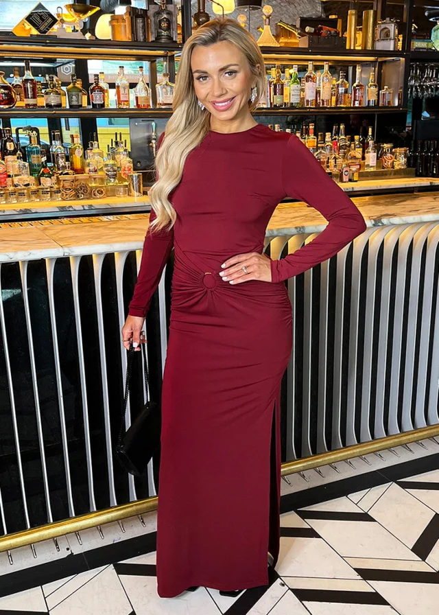 AX Paris Burgundy Long Sleeve O-Ring Detail Bodycon Midi Dress