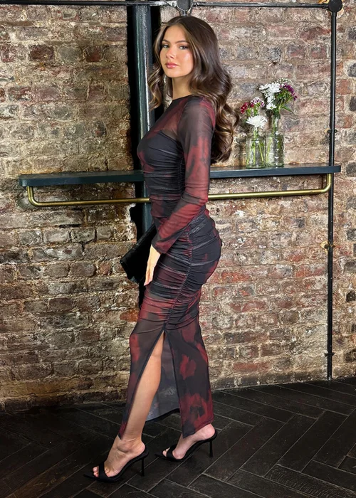 AX Paris Burgundy And Black Smudge Print Mesh Overlay Long Sleeve Midi Dress - 10 Image 4