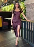 AX Paris Dark Plum Satin Cowl Neck Knot Skirt Midi Dress - 10 Image 1