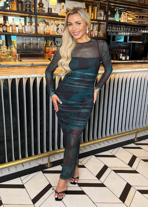 AX Paris Teal And Black Smudge Print Mesh Overlay Long Sleeve Midi Dress - 10 Image 3