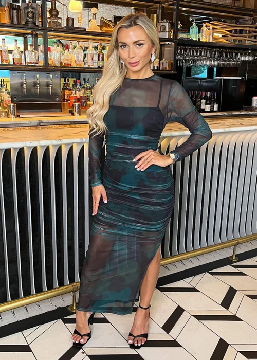 AX Paris Teal And Black Smudge Print Mesh Overlay Long Sleeve Midi Dress - 10 Image 2