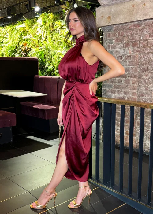 AX Paris Wine Halter Neck Gathered Skirt Midi Dress - 8 Image 4