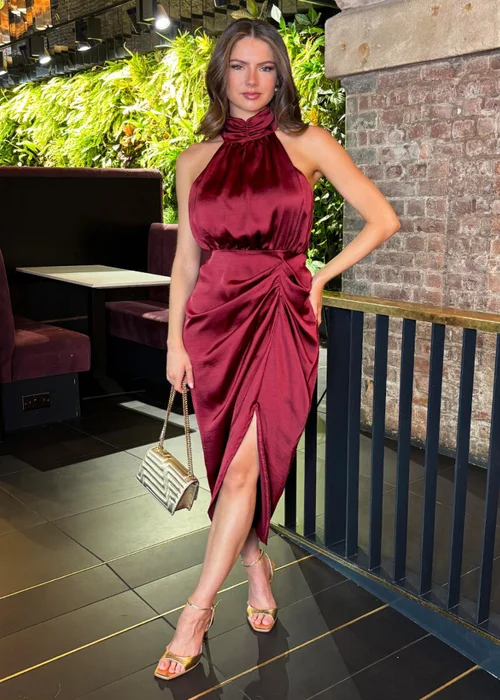 AX Paris Wine Halter Neck Gathered Skirt Midi Dress - 8 Image 2