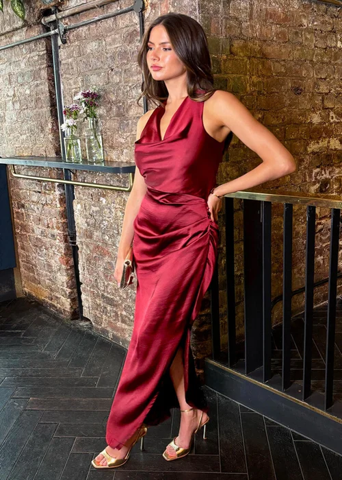 AX Paris Wine Satin Cowl Neck Cross Back Midi Dress - 8 Image 3