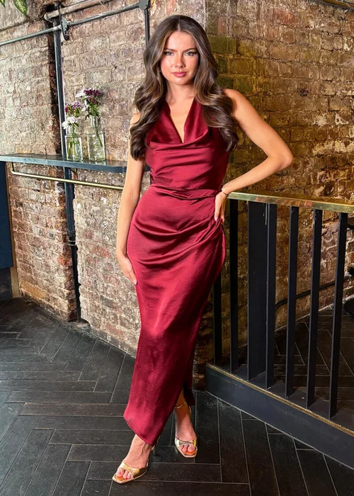 AX Paris Wine Satin Cowl Neck Cross Back Midi Dress - 8 Image 2