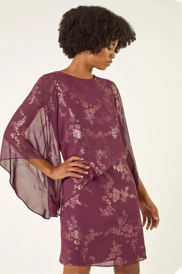 Roman Burgundy Foil Print Asymmetric Overlay Dress