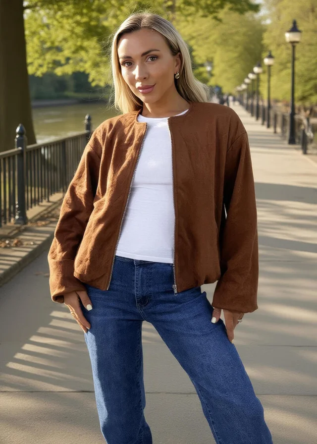 AX Paris Tan Faux Suede Bubble Hem Bomber Jacket