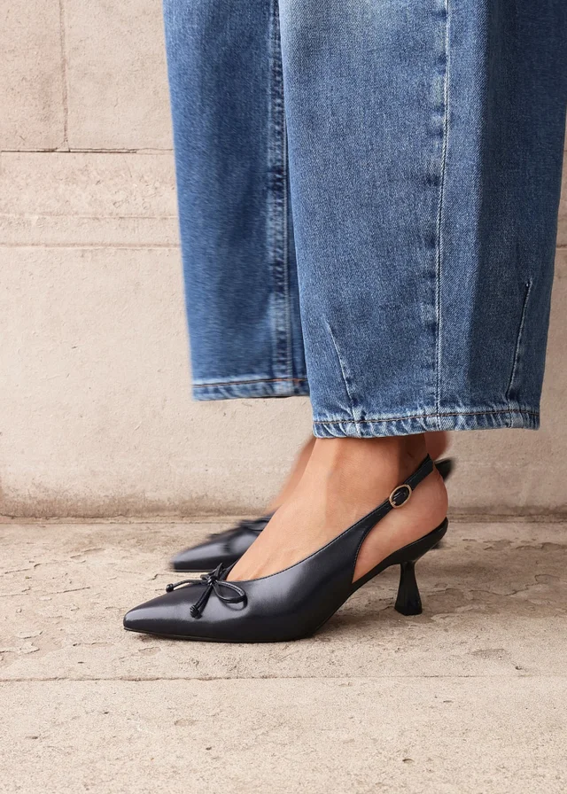 Linzi Ribbon Navy Faux Leather Slingback Court Heel