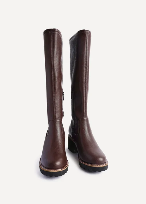 Linzi Resist Brown Faux Leather Stretch Wedge High Leg Boot - Size 8 Image 3