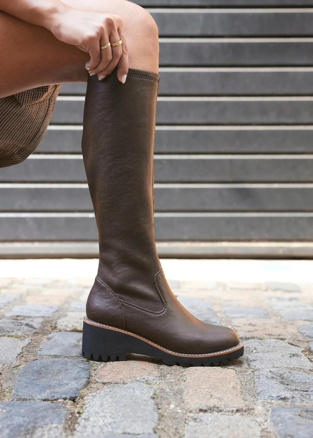 Linzi Resist Brown Faux Leather Stretch Wedge High Leg Boot - Size 8 Image 1