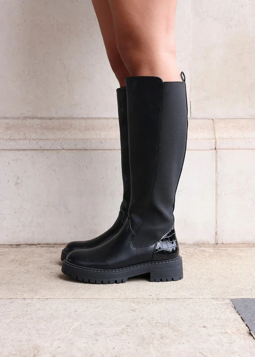 Linzi Swift Black Faux Leather & Croc Knee High Boot - Size 5 Image 1