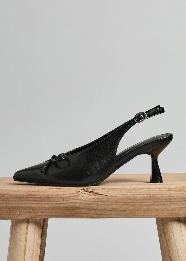 Linzi Ribbon Black Faux Leather Slingback Court Heel