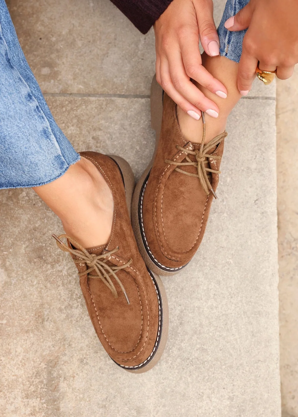 Linzi Perth Tan Faux Suede Laced Chunky Loafer - Size 6 Image 1